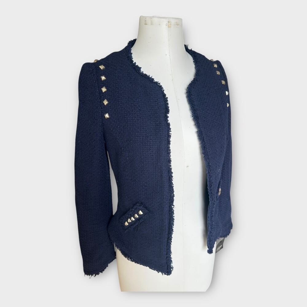 Zara Navy Tweed Frayed-Edge Blazer with Stud Accents - Picture 2 of 9